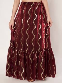 Studio Rasa - Maroon Silk Blend Embellished Tiered Skirt