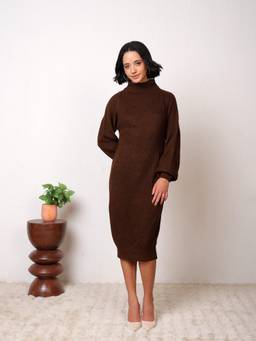 Kvetoo - Women Brown High Neck Solid Midi Dress