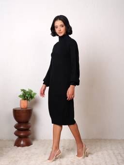 Kvetoo - Women Black High Neck Solid Midi Dress