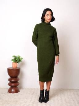 Kvetoo - Women Olive High Neck Solid Midi Dress