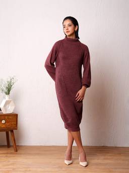Kvetoo - Women Red High Neck Solid Midi Dress