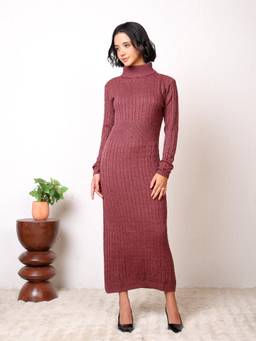 Kvetoo - Women Red High Neck Textured Maxi Dress