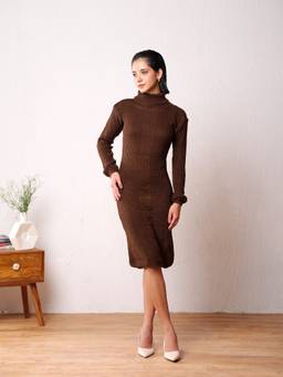 Kvetoo - Women Brown High Neck Textured Knee Length Dress
