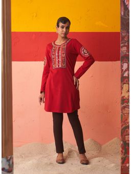 Lakshita - Red Embroidered Woolen Kurta with Mirror Work