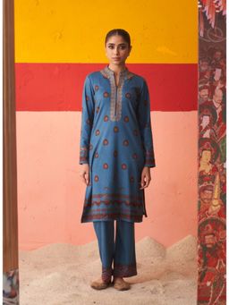 Lakshita - Azure Printed Zari and Stone Work Kurta and Pant (Set of 2)