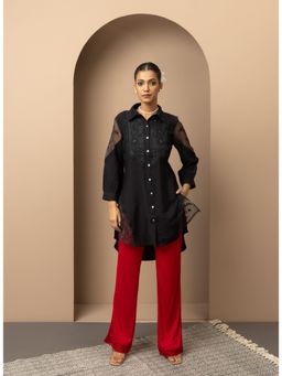 Lakshita - Red Elastic Waist Palazzo with Embroidered Mesh Hem