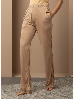 Lakshita - Beige Elastic Waist Palazzo with Embroidered Mesh Hem