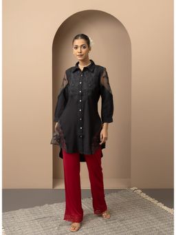 Lakshita - Maroon Elastic Waist Palazzo with Embroidered Mesh Hem