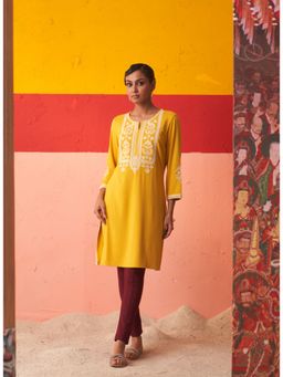 Lakshita - Mustard Kurta with Threadwork and Lace Detailing