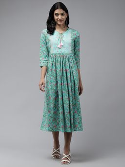 Yufta - Women Sea Green Printed Cotton Embroidered A-Line Dress