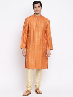 Fabindia - Orange Viscose Blend Striped Kurta Long