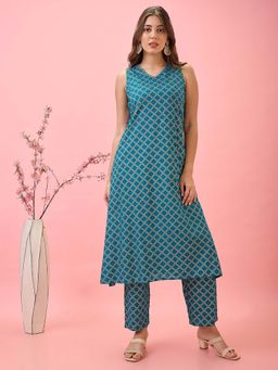 Globus - Women Teal Thread Work Detail V-Neck A-Line Workwear Kurta & Pant (Set of 2)