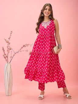 Globus - Women Pink Embroidered Yoke Floral Print Tiered A-Line Festive Kurta & Pant (Set of 2)