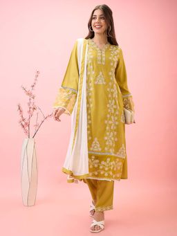 Globus - Green Lace Bell Sleeves Embroidered Straight Kurta & Pant with Dupatta (Set of 3)