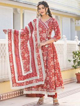 Autumnlane - Ishika Crimson Premium Cotton Angrakha Kurta with Pant & Dupatta (Set of 3)