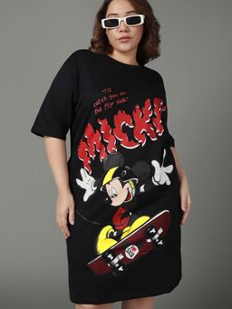 Bewakoof - Heavy Duty 1.0 Disney Womens Black Mickey Graphic Printed Oversized Plus Size T-shirt Dress