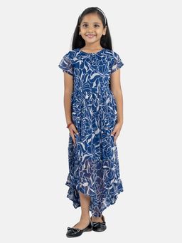 KiddoPanti - Navy Blue Girls Half Sleeves Asymmetric Frill Hem Dress