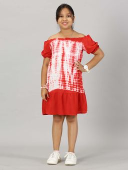 KiddoPanti - Red Girls Off Shoulder Smoking Yoke Dress