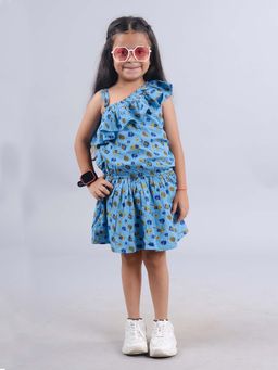 KiddoPanti - Blue Girls One Shoulder Frill Layer Dress