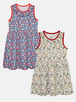 KiddoPanti - Multi-Color Girls Sleeveless Dress with Neck Frill (Pack of 2)