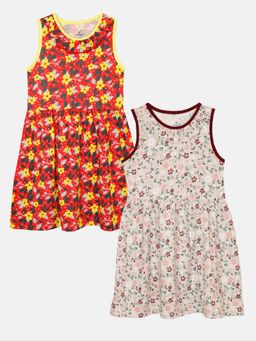 KiddoPanti - Multi-Color Girls Sleeveless Dress with Neck Frill Pack Of 2 (Pack of 2)