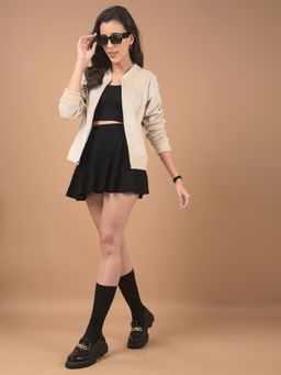 CRIMSOUNE CLUB - Women's Beige Self Design High Neck Sweatshirt