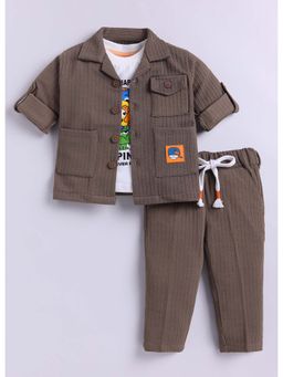 Little Collars - Brown Full Sleeves Textured Shirt and T-Shirt with Pant