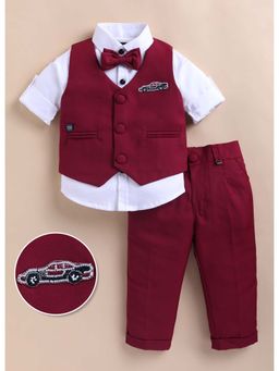 Little Collars - Red Full Sleeves Solid 3 Piece Party Suit