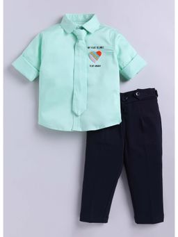 Little Collars - Green Half Sleeves Solid Shirt and Pant with Tie