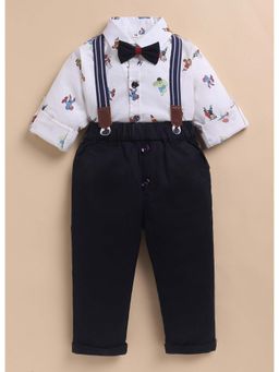 Little Collars - White Full Sleeves Printed Shirt, Pant, Suspender and Bow