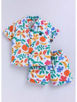 Little Collars - White Half Sleeves Flower Printed Shirt And Shorts