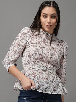 SHOWOFFFF - Womens Floral High Neck Off White Peplum Regular Top