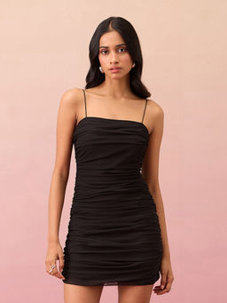 RSVP by Nykaa Fashion - Black Solid Ruched Strappy Mini Dress