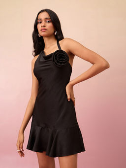RSVP by Nykaa Fashion - Black Cowl Halter Neck Fit and Flare Mini Satin Dress