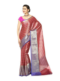 Banarasi Silk Works - Stripes Red & Pink Zari Kanchi Silk Tanchoi Pattu Saree with Unstitched Blouse