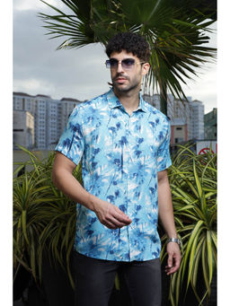 GRITSTONES - Men Blue Palm Tree Print Rayon Shirt