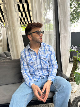 GRITSTONES - Men Blue Check Double Pocket Flannel Shirt