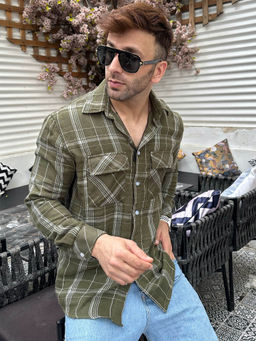 GRITSTONES - Men Olive Check Double Pocket Shirt