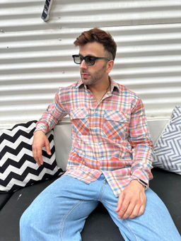 GRITSTONES - Men Peach Check Double Pocket Flannel Shirt