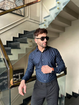 GRITSTONES - Men Navy Printed Cotton Shirt