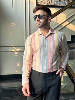 GRITSTONES - Men Multicolor Rainbow Stripe Cotton Shirt