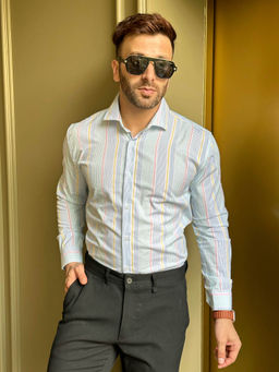 GRITSTONES - Men Blue Colored Stripe Cotton Shirt