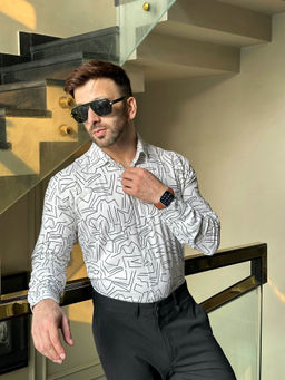 GRITSTONES - Men White Abstract Rayon Shirt