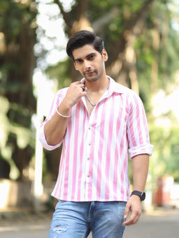 GRITSTONES - Men White & Pink Striped Full Sleeve Shirt