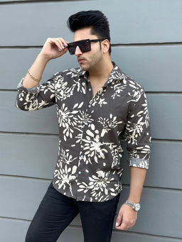 GRITSTONES - Men Dark Grey Floral Rayon Shirt
