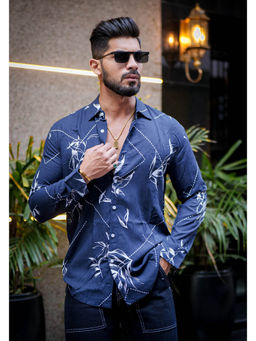 GRITSTONES - Men Navy Blue White Floral Printed Shirt