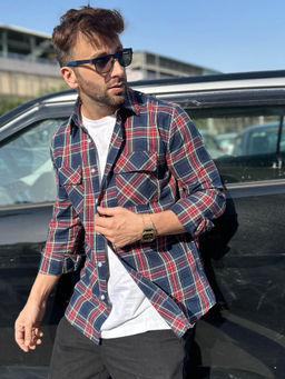 GRITSTONES - Men Navy Blue Check Double Pocket Shirt