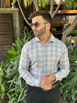 GRITSTONES - Men Blue Checks Cotton Shirt