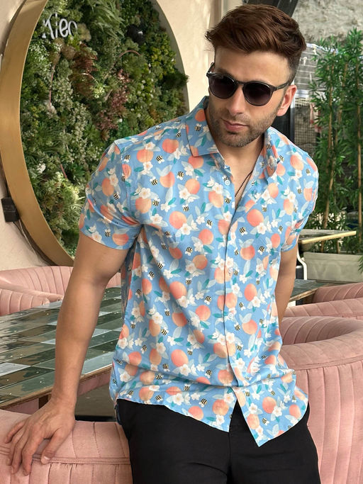 GRITSTONES Men Cool Blue Rayon Casual Shirt