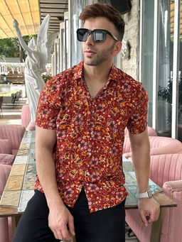 GRITSTONES - Men Maroon Floral Rayon Shirt